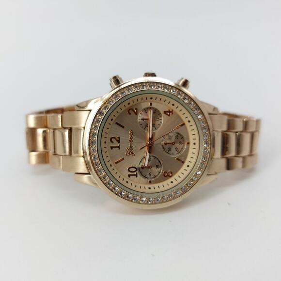 Geneva Rose Gold Tone Bracelet #11184 Rhinestones Stainless Steel Back Quartz - Picture 1 of 12